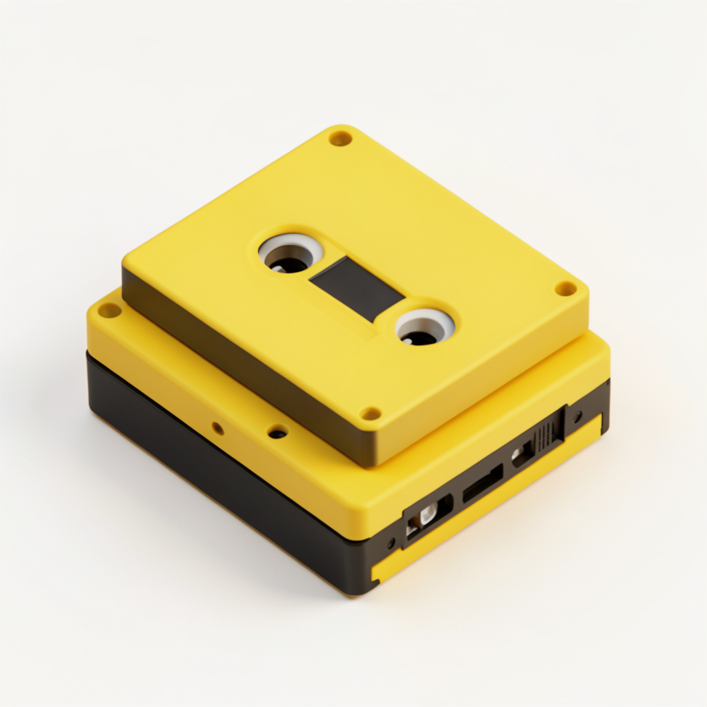 Abstract isometric 3D render of stacked yellow and black audio cassettes on a plain white surface, warm and minimal mood
