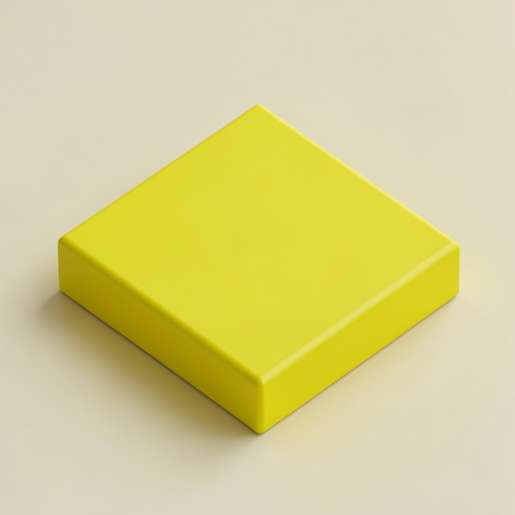 Isometric 3D render of stacked golden-yellow audio cassette tapes on a black platform, industrial grey background, bold pop colors