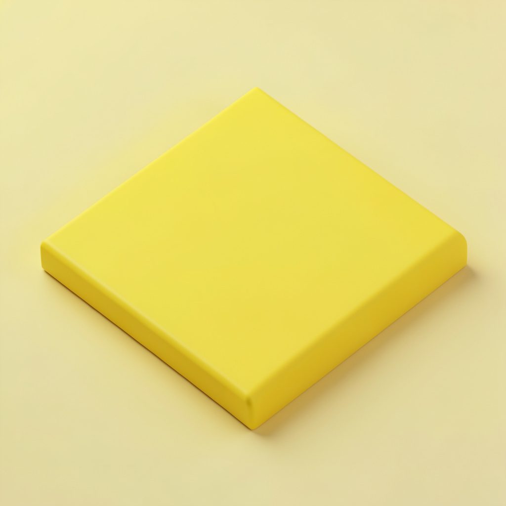 Isometric 3D render of a small stage with speakers, yellow accents and black cables against a neutral grey backdrop